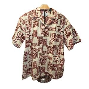 VTG Vacay HO ALOHA Made in Hawaii Mens Tropical Tan Aloha Shirt Size Large